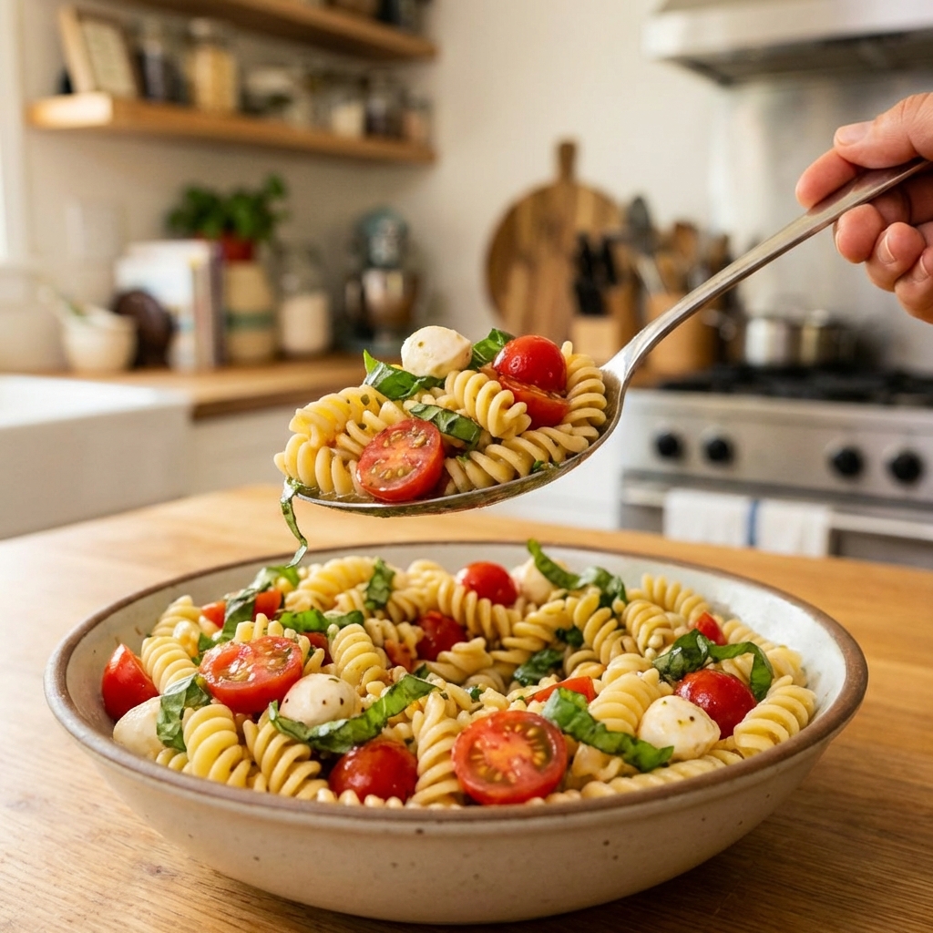 A close-up photo of a spoon lifting fresh pasta salad with basil and cherry tomatoes from a bowl