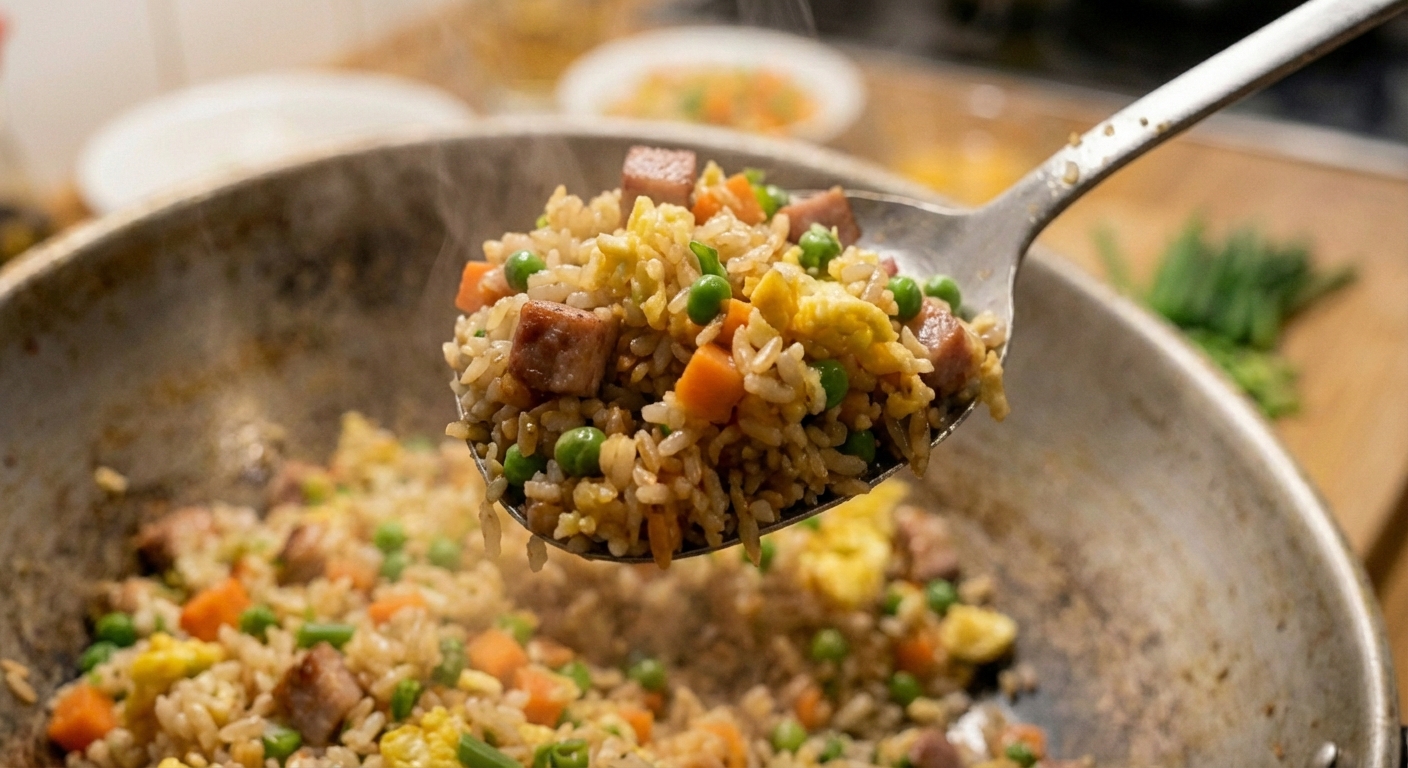 A close up photo of a spoon lifting pork fried rice with glossy grains and bits of egg and scallion