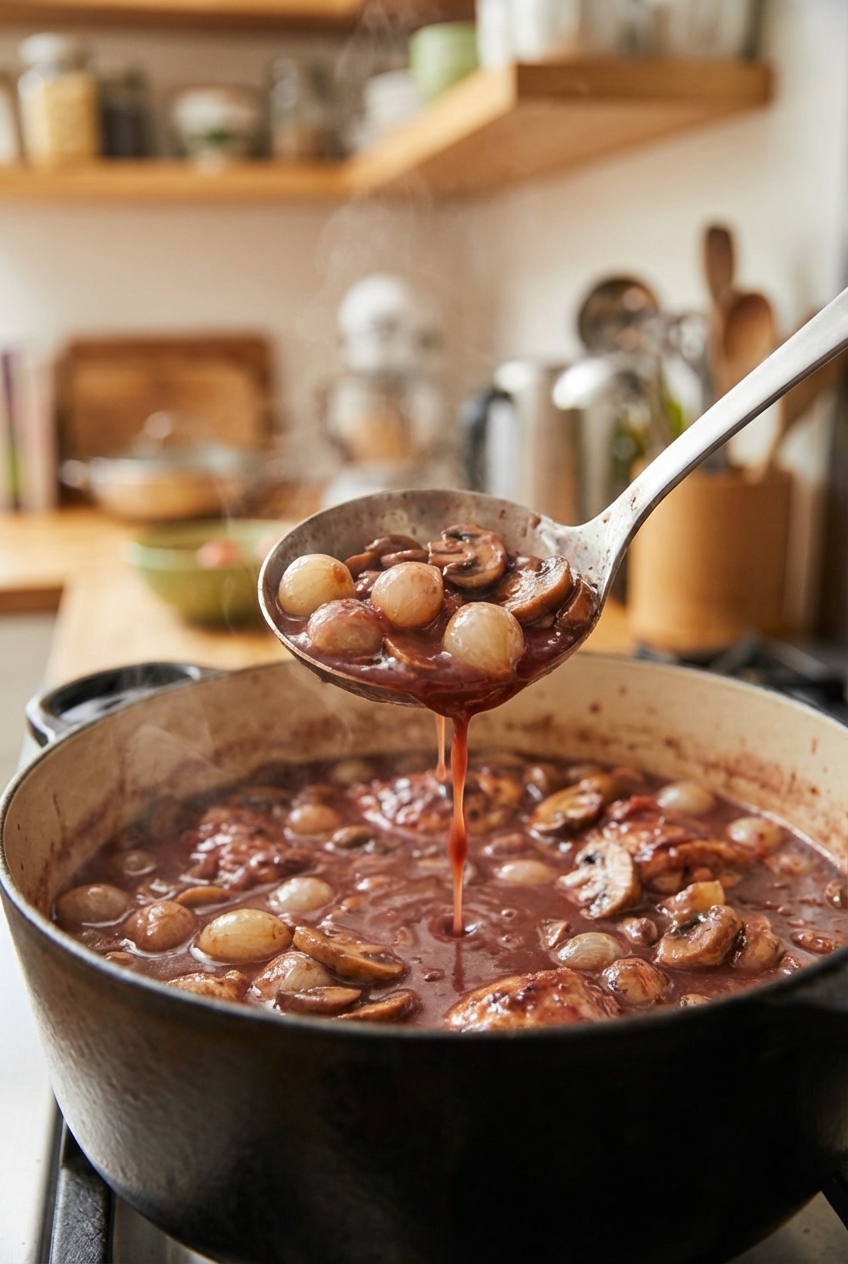 A close-up photo of a spoon lifting red wine sauce with mushrooms and onion from a pot of coq au vin