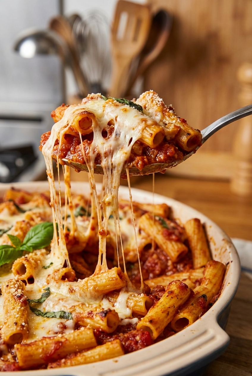 A close-up photo of a spoon lifting saucy baked ziti showing stretchy melted cheese