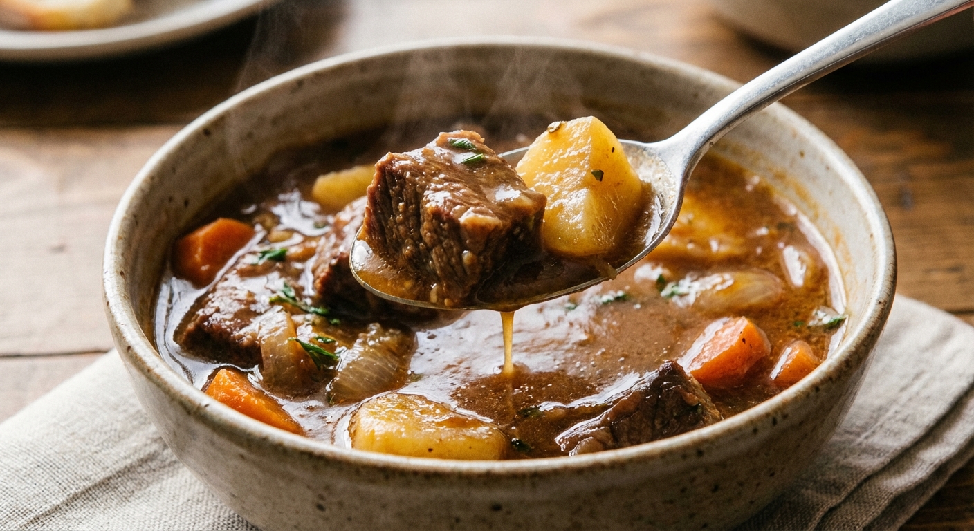 A close-up photo of a spoon lifting tender beef and potatoes from a bowl of beef stew with a rich brown broth