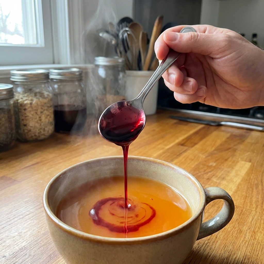 A close-up photo of a spoon pouring pomegranate syrup into a warm orange-colored drink in a mug, creating a red swirl at the bottom