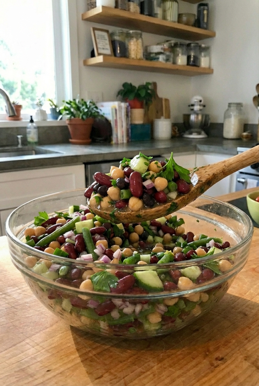 A close-up photo of a spoon scooping chilled bean salad with glossy dressing and fresh herbs