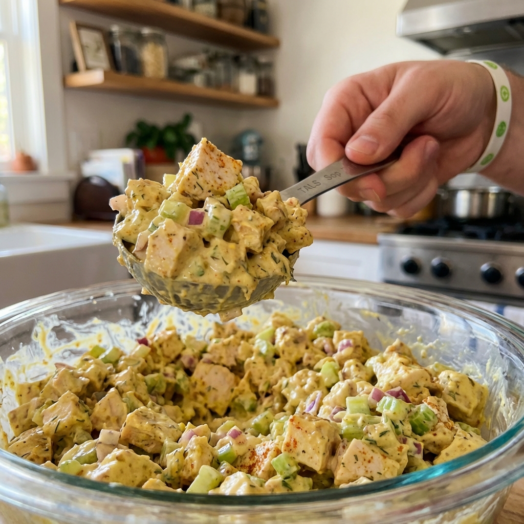 A close-up photo of a spoon scooping creamy spiced chicken salad from a mixing bowl