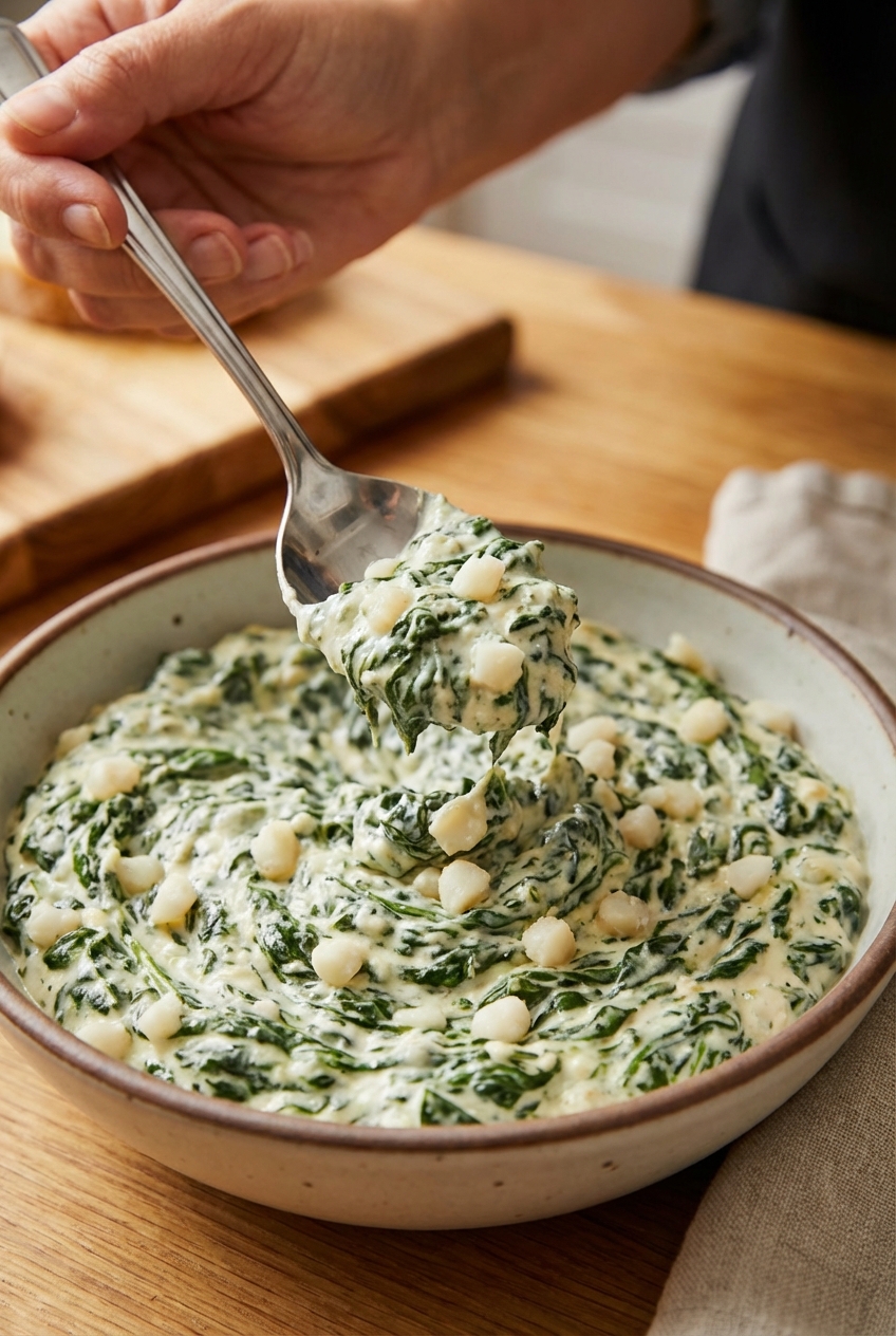 A close-up photo of a spoon scooping creamy spinach dip from a bowl, showing bits of spinach and water chestnuts
