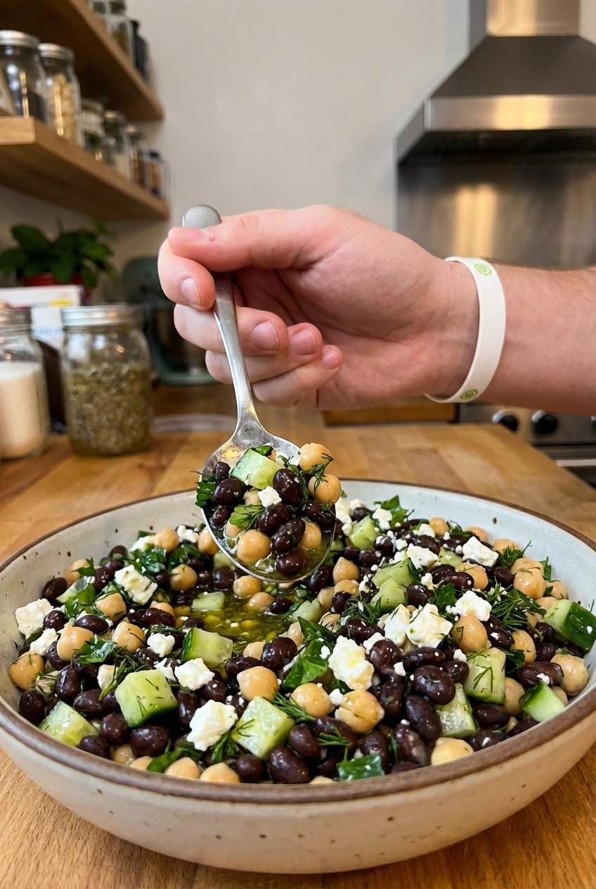 A close-up photo of a spoon scooping dense bean salad from a bowl, showing glossy beans, cucumber, herbs, and feta