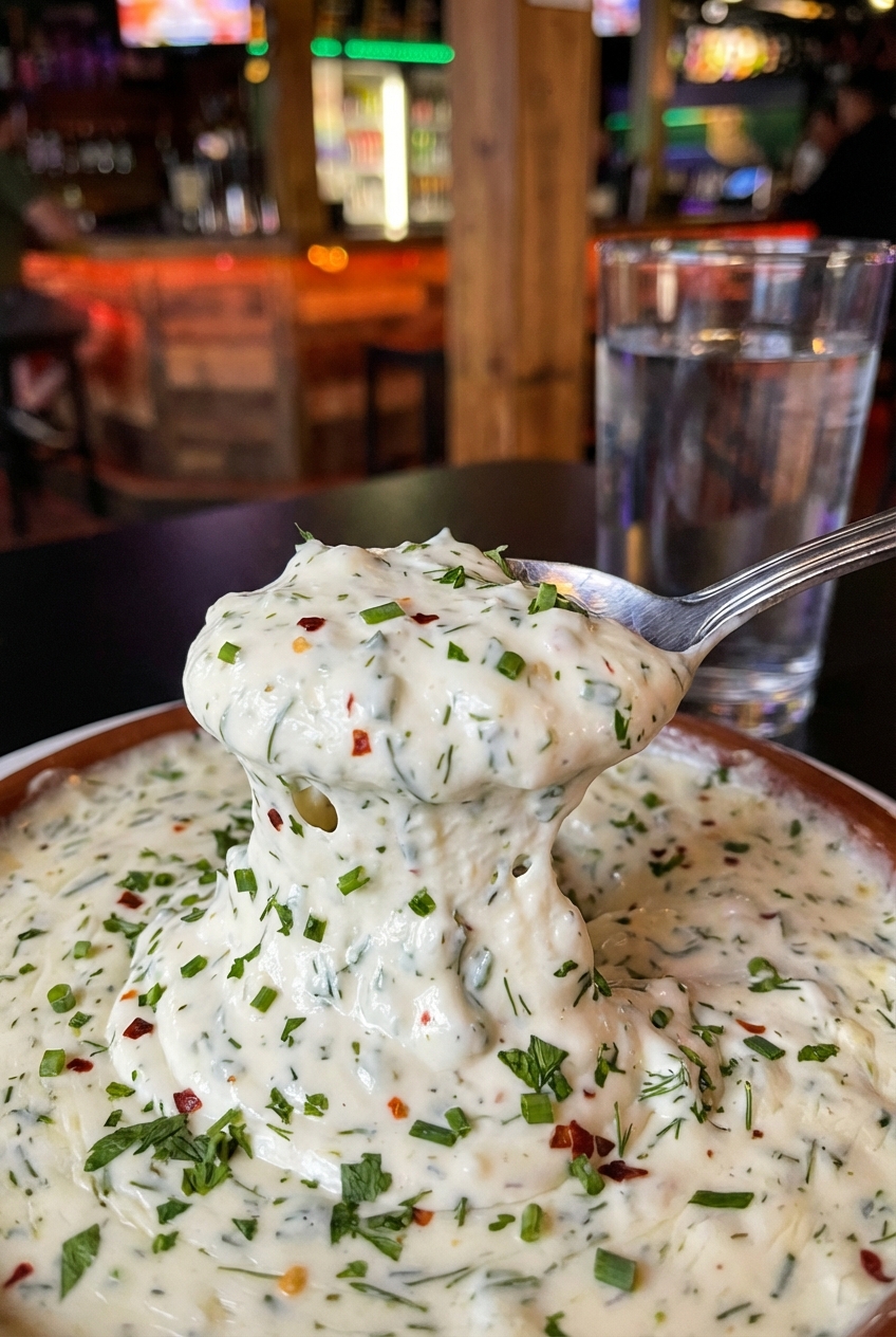 A close-up photo of a spoon scooping fresh cheese dip showing a thick, creamy texture with green herb flecks