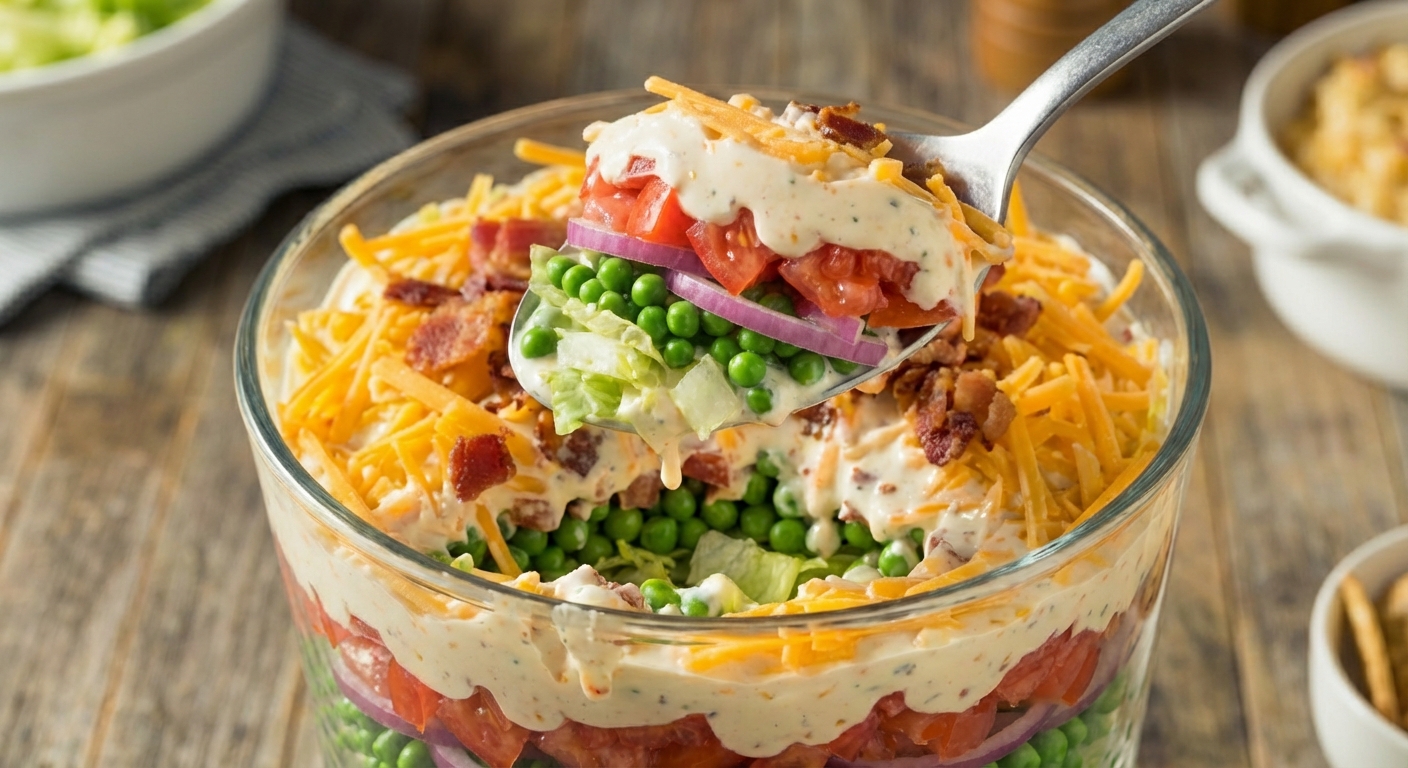 A close-up photo of a spoon scooping into a seven-layer salad, showing creamy dressing and crisp vegetables in the scoop