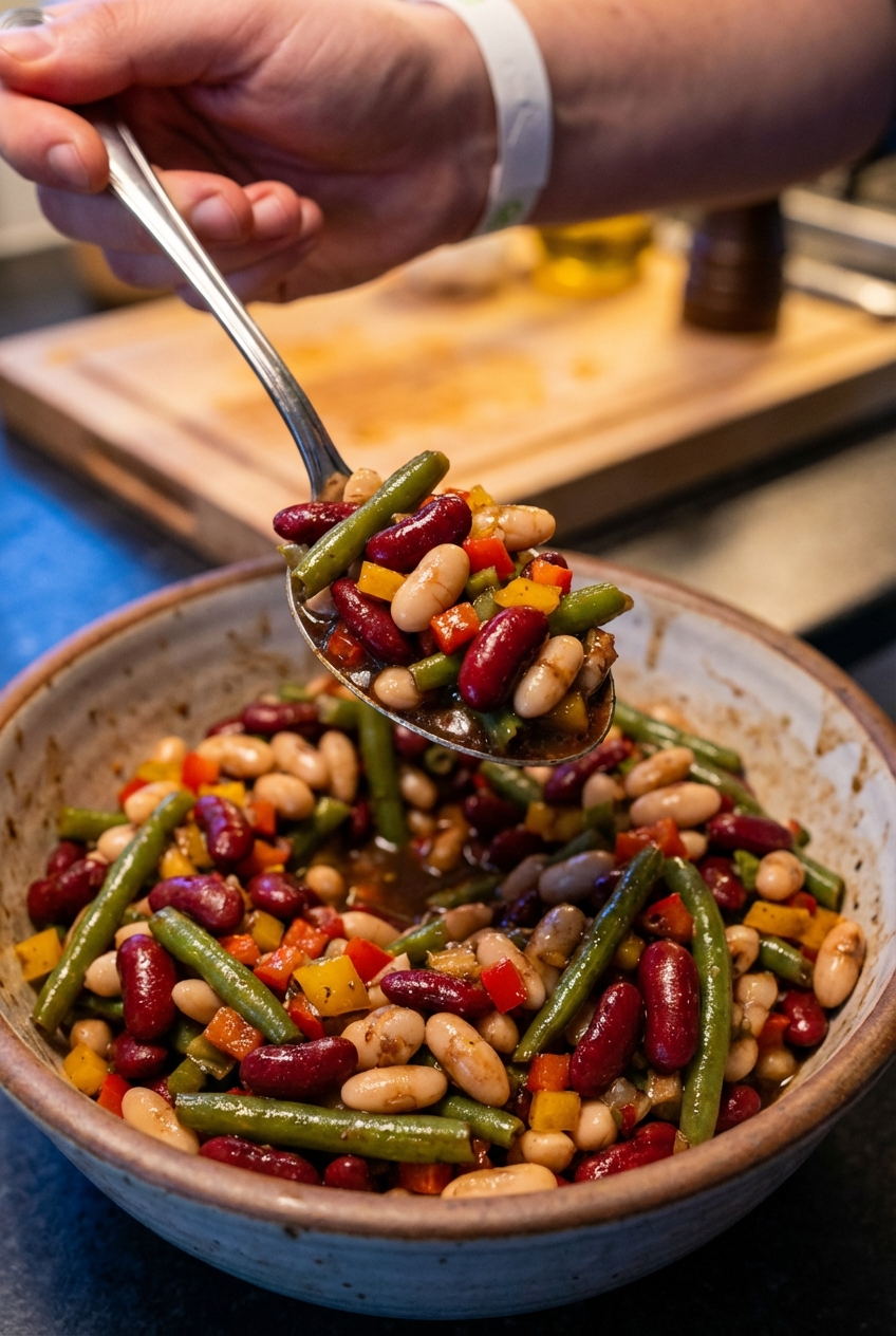 A close-up photo of a spoon scooping three bean salad from a bowl, showing glossy beans and diced peppers coated in smoky dressing