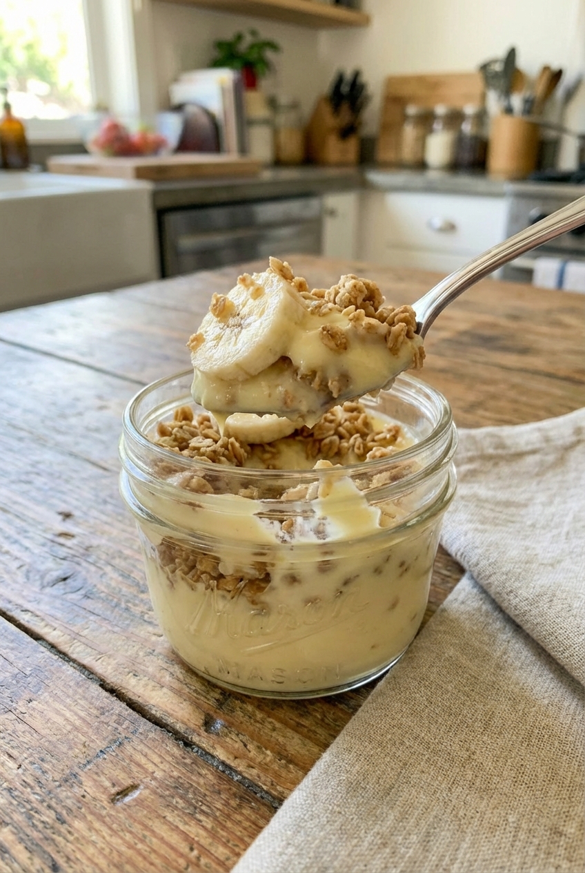 A close-up photo of a spoon scooping through layers of creamy banana pudding, banana slices, and oat crumble in a small glass jar