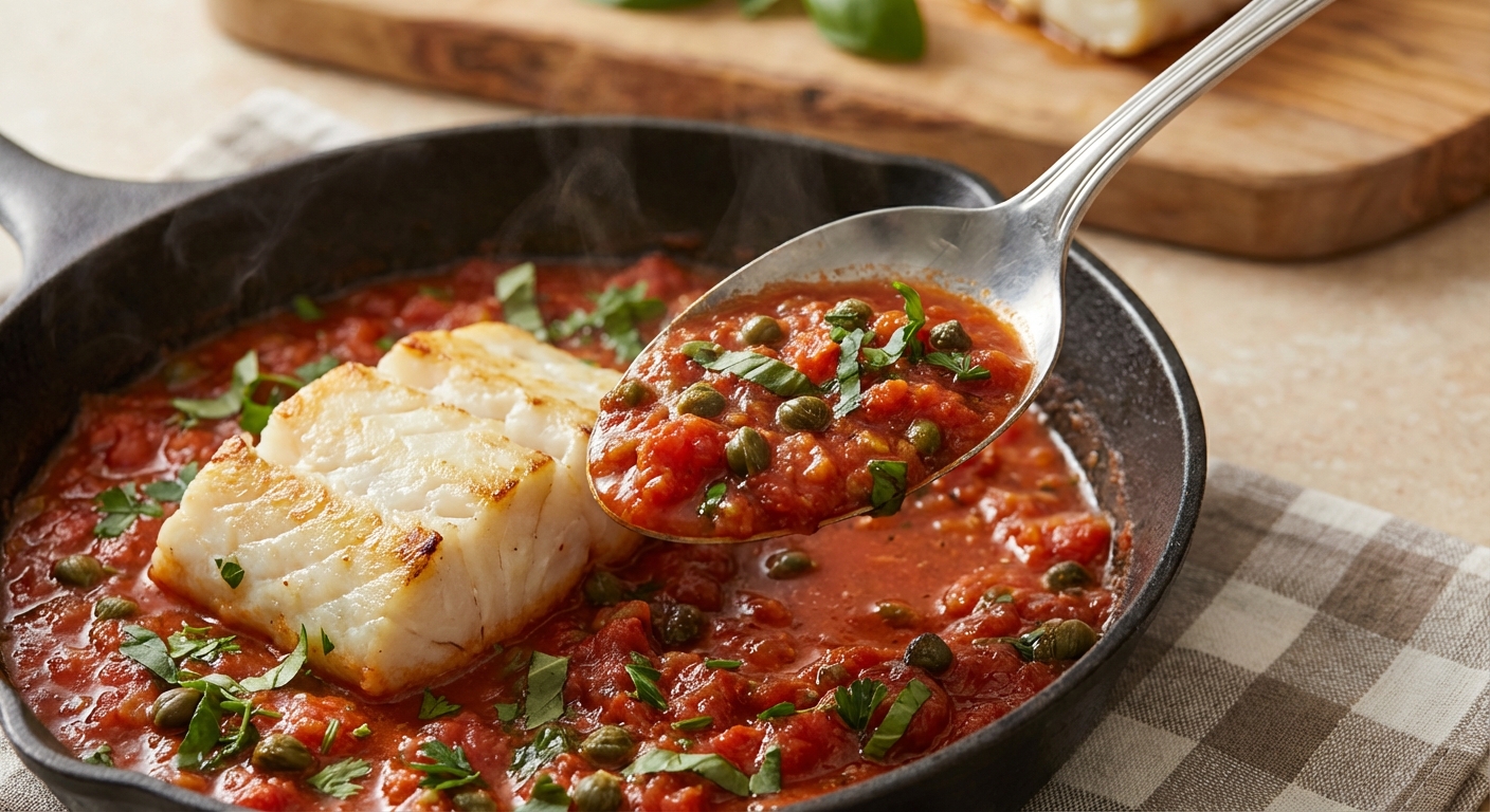 A close-up photo of a spoon scooping tomato sauce with capers and herbs from a skillet next to flaky cod