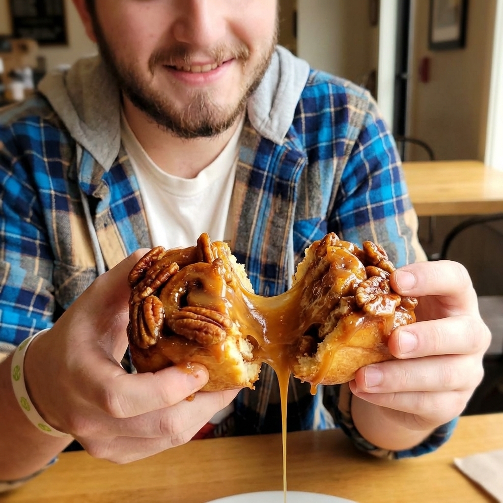 A close-up photo of a sticky pecan bun being pulled apart with caramel glaze stretching and dripping over toasted pecans