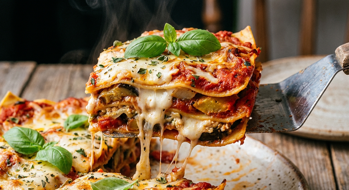 A close-up photo of a vegan lasagna slice being lifted with a spatula, showing melty vegan cheese and saucy layers