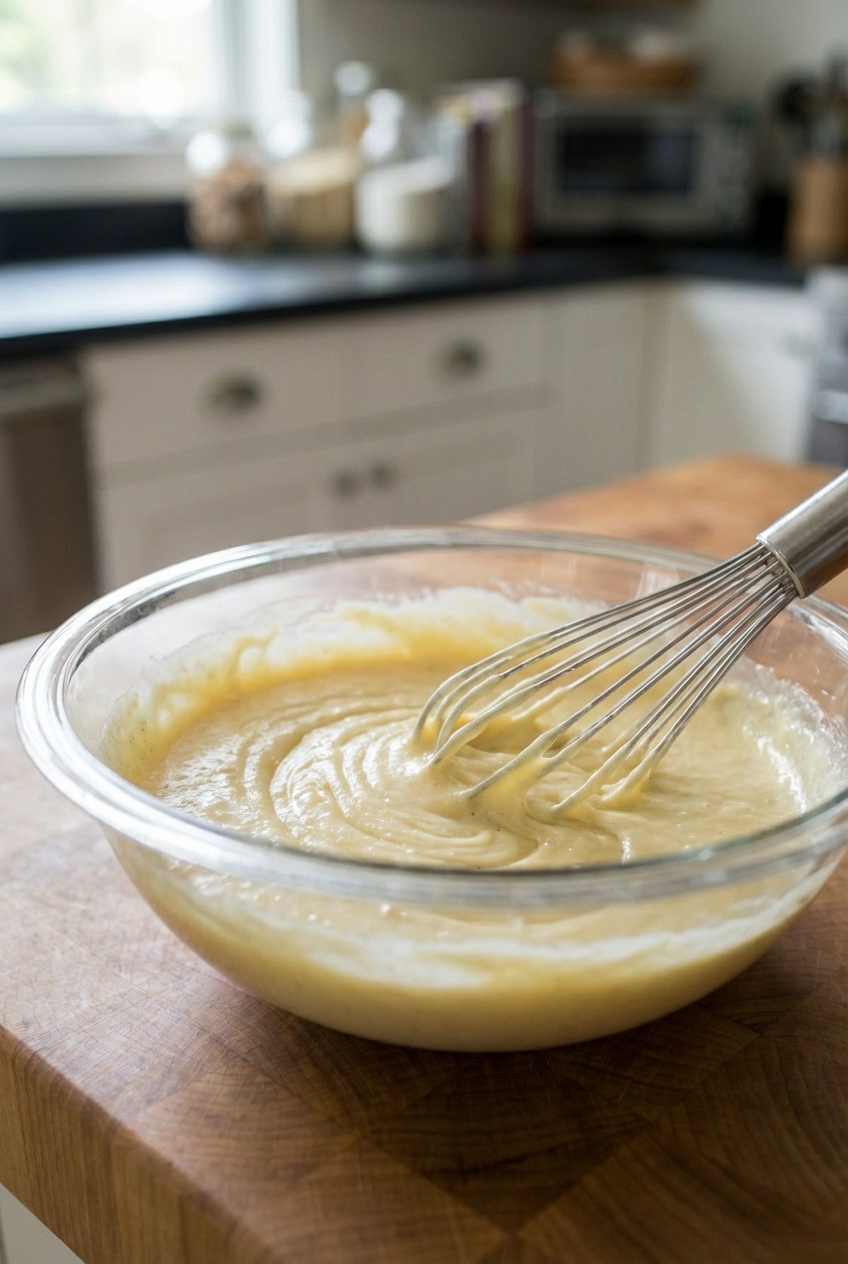A close-up photo of a whisk blending pale yellow chess pie filling in a clear glass bowl on a kitchen counter