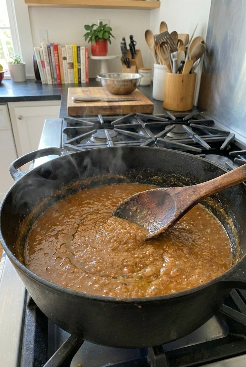 A close-up photo of a wooden spoon stirring a peanut-butter to copper-colored roux in a Dutch oven on a stovetop
