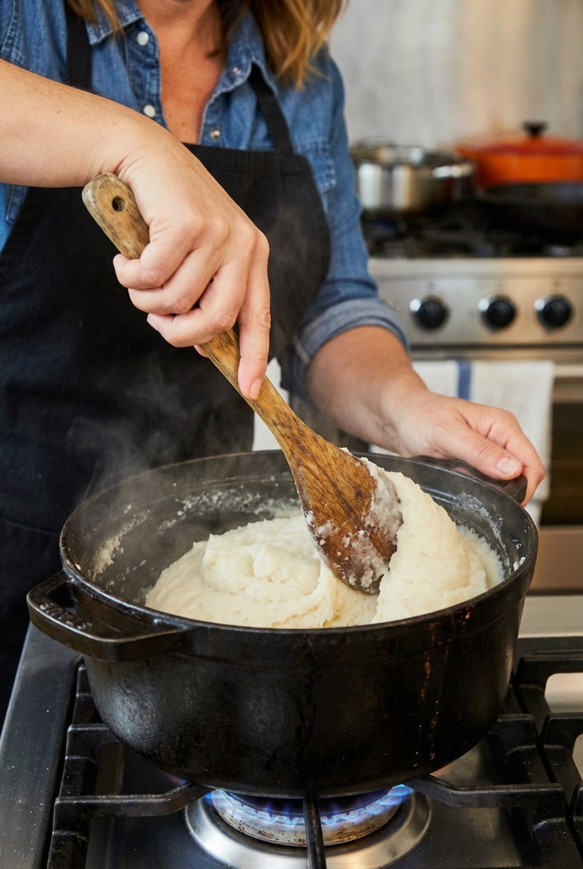A close-up photo of a wooden spoon stirring thick fufu in a black pot on a stovetop