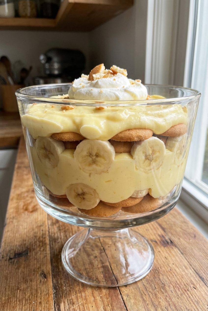 A close-up photo of banana pudding layers showing vanilla wafers, sliced bananas, and creamy pudding in a glass dish