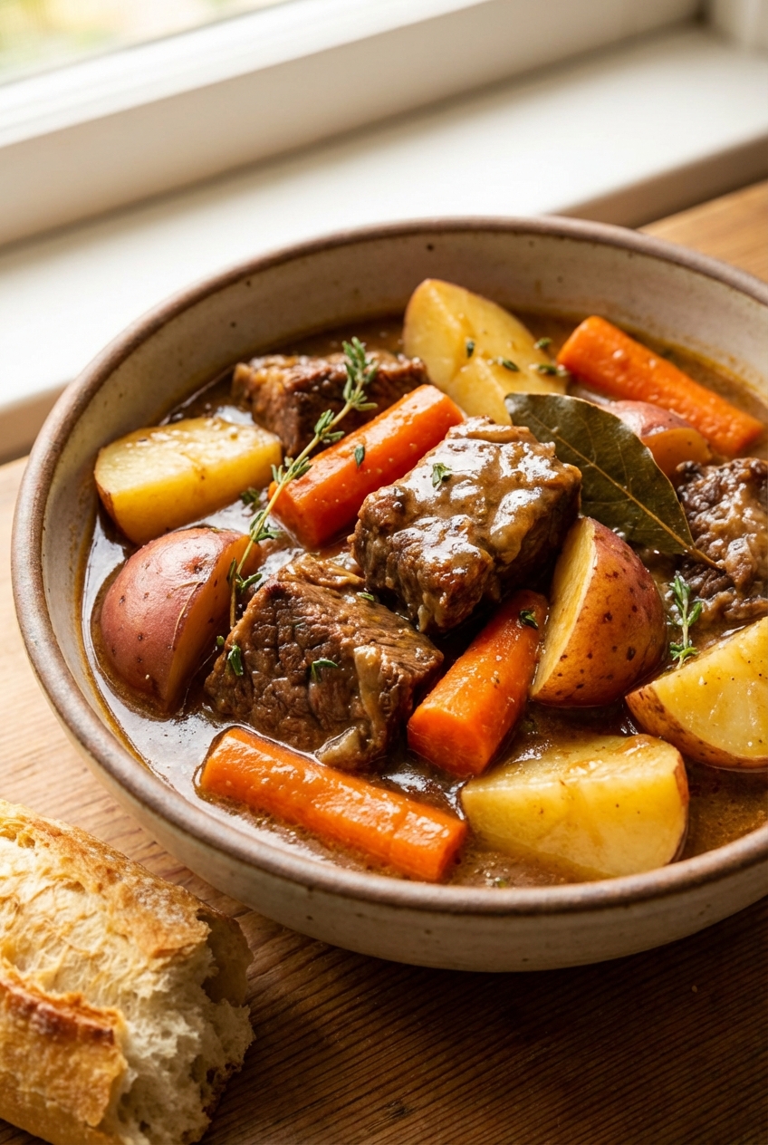 A close-up photo of beef stew in a bowl showing tender beef chunks, carrots, and potatoes with glossy gravy