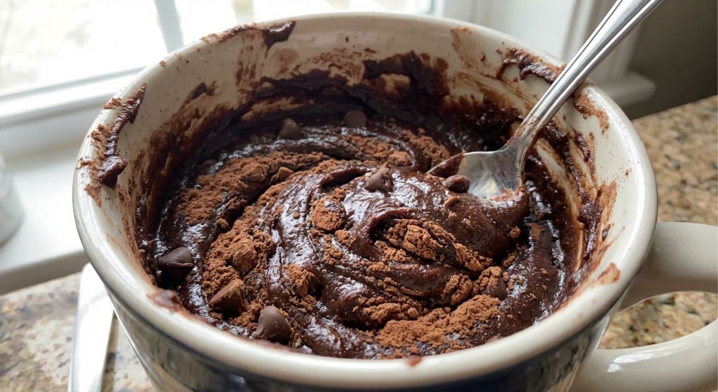 A close-up photo of brownie batter being stirred in a mug with a spoon, showing cocoa streaks and chocolate chips