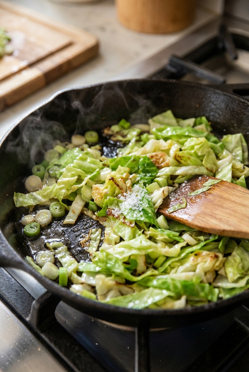 A close-up photo of cabbage and scallions sautéing in a skillet with a pinch of salt