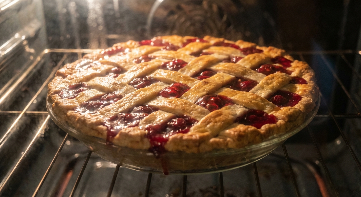 A close-up photo of cherry pie filling bubbling through a lattice crust in the oven