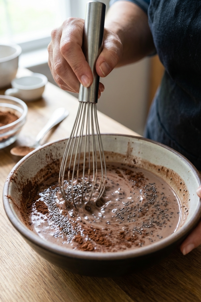 A close-up photo of chia seeds being whisked into a bowl of chocolate milk mixture with cocoa powder on the surface