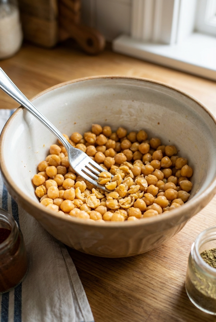 A close-up photo of chickpeas being lightly smashed with a fork in a mixing bowl