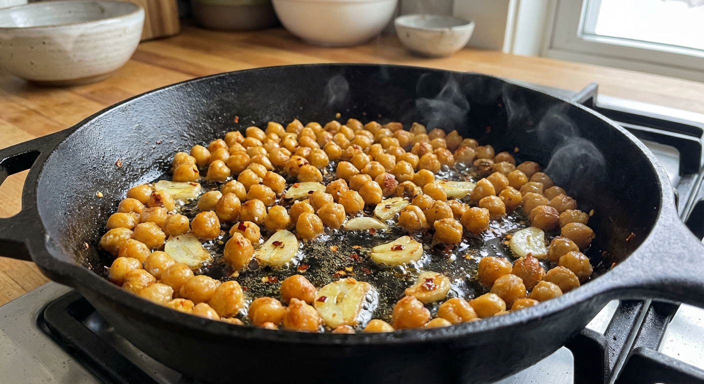 A close up photo of chickpeas crisping in a skillet with olive oil, garlic, and chili flakes
