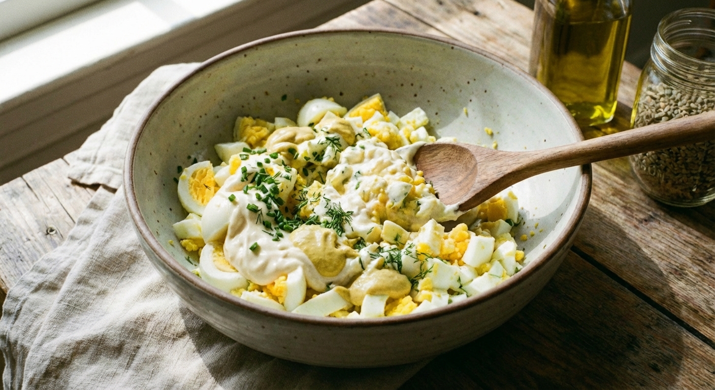 A close-up photo of chopped hard-boiled eggs being mixed with mayonnaise, mustard, and herbs in a ceramic bowl