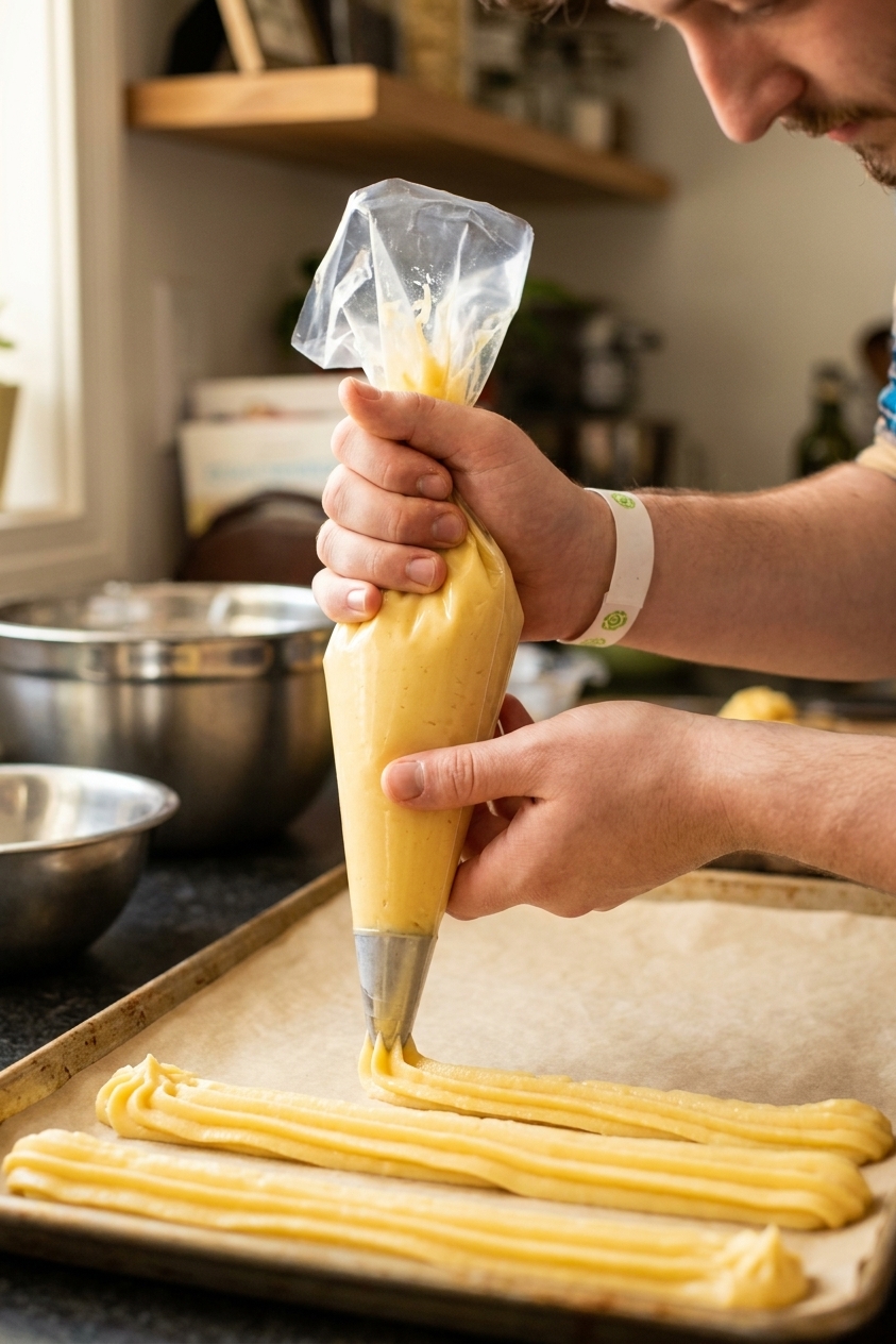 A close-up photo of choux pastry being piped into long strips on a parchment-lined baking sheet using a pastry bag