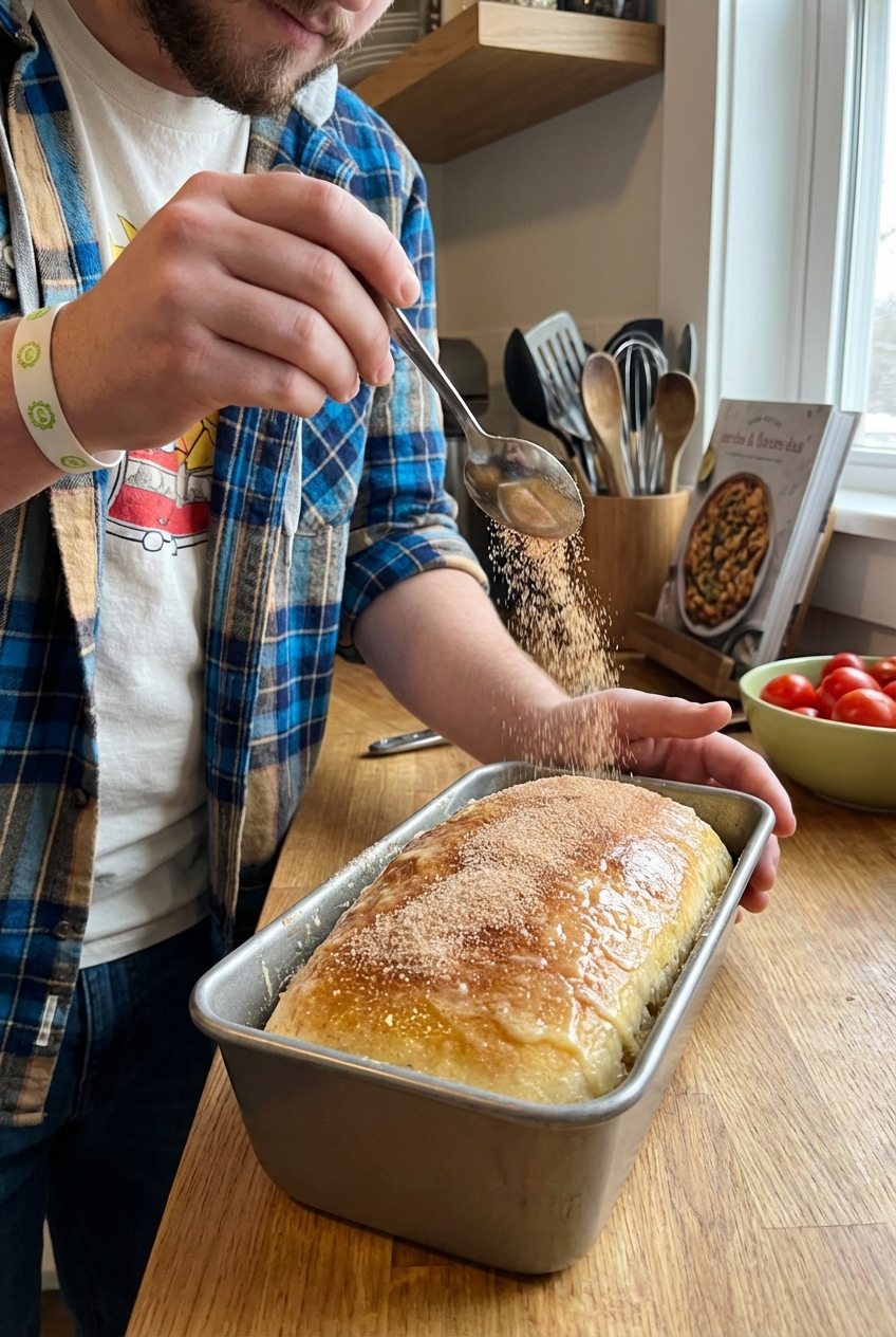 A close-up photo of cinnamon sugar being sprinkled over a butter-brushed loaf in a loaf pan