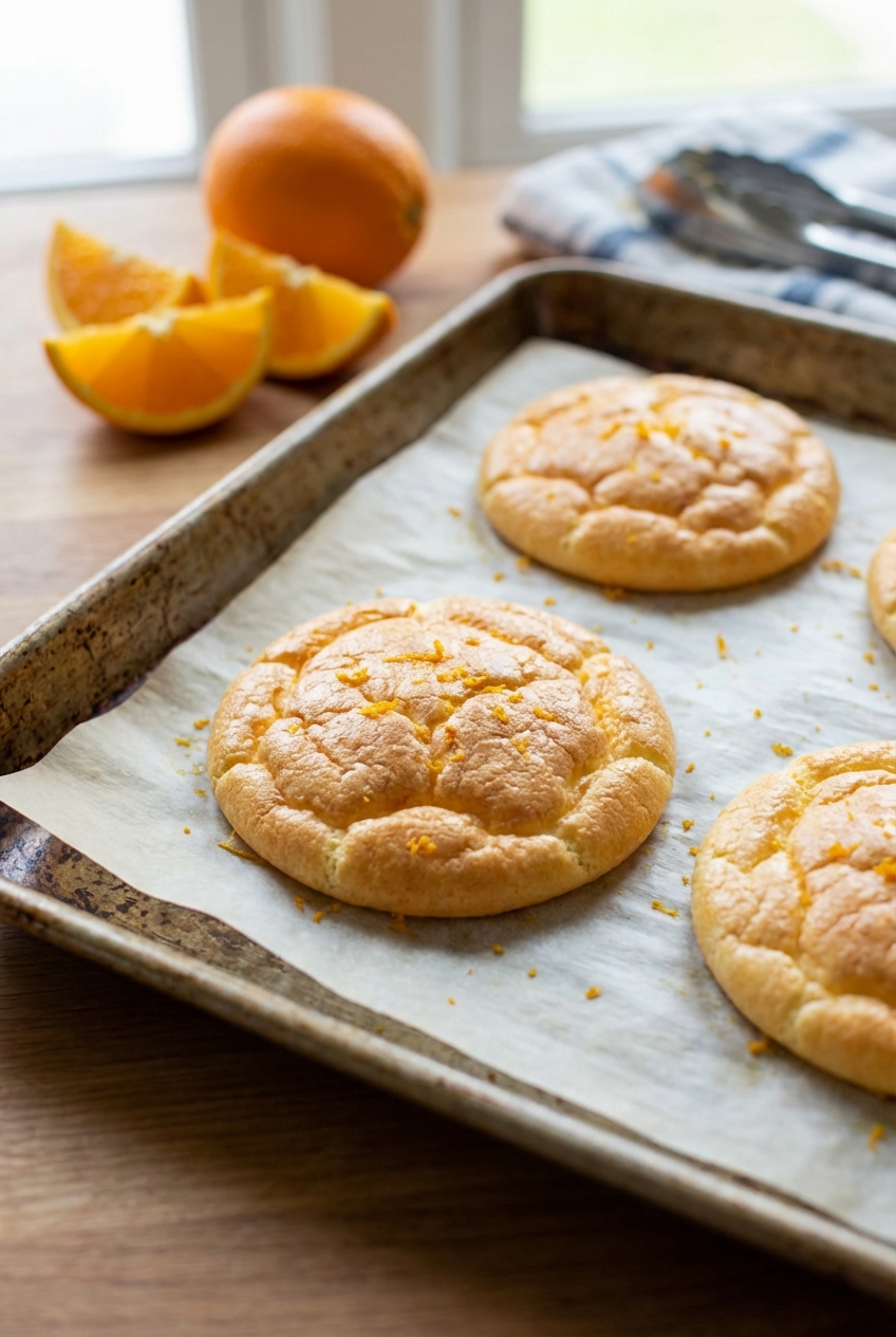 A close-up photo of citrus-kissed cloud bread rounds on a parchment-lined baking sheet with a few orange slices in the background