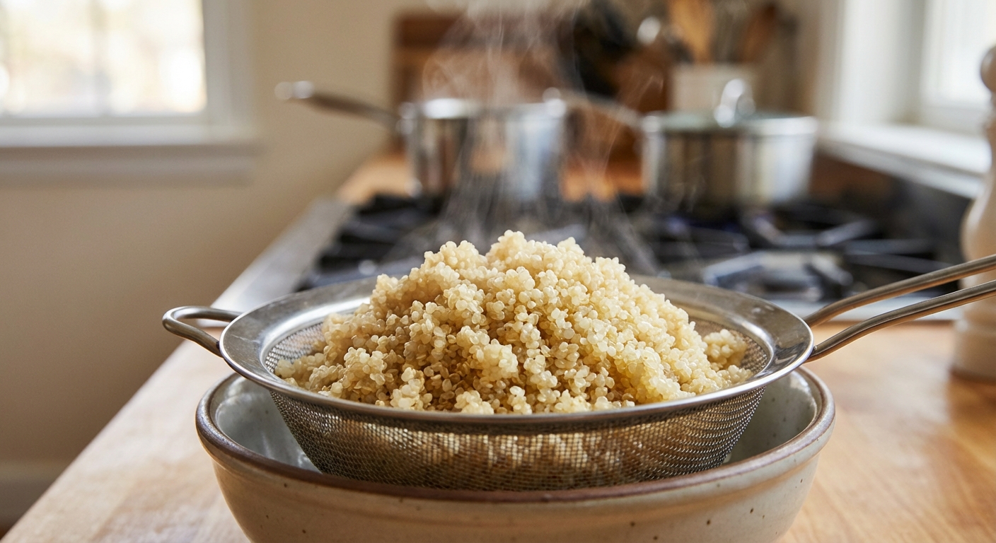 A close-up photo of cooked fluffy quinoa in a fine-mesh strainer over a bowl, with steam rising in a home kitchen