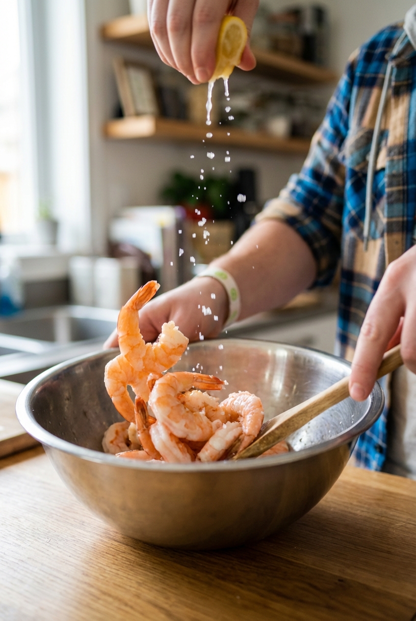 A close-up photo of cooked shrimp being tossed with lemon juice and salt in a mixing bowl