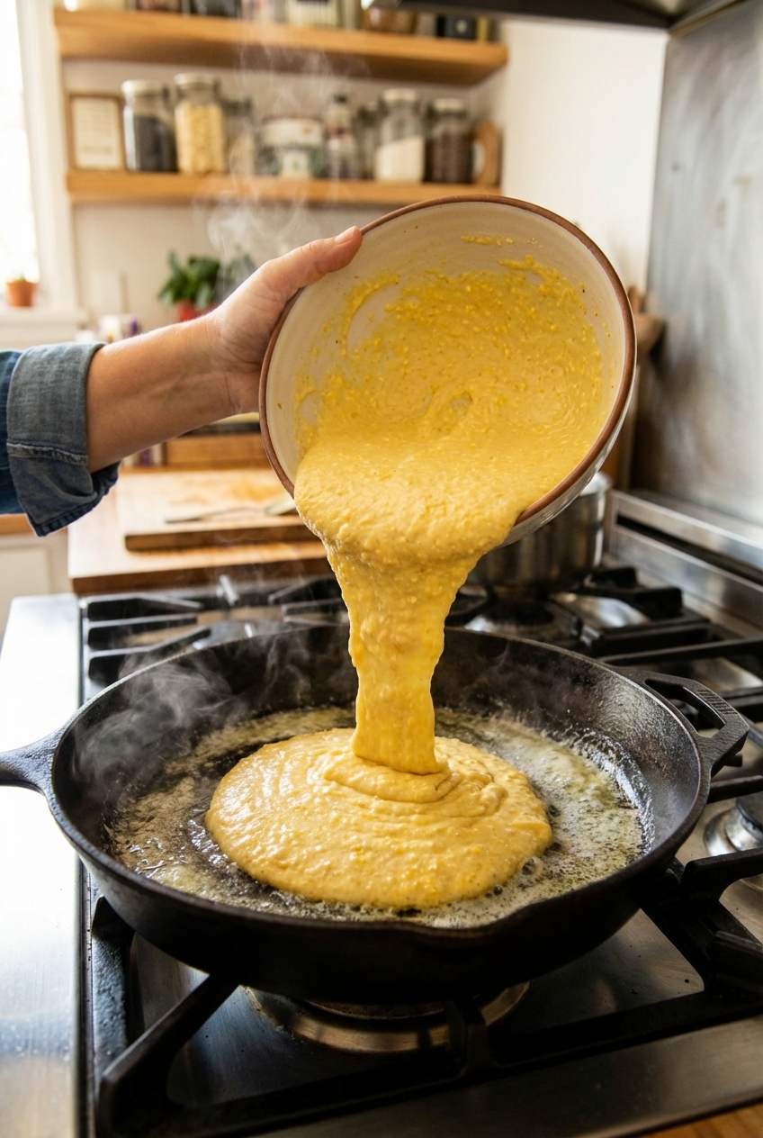 A close-up photo of cornbread batter being poured into a hot cast iron skillet