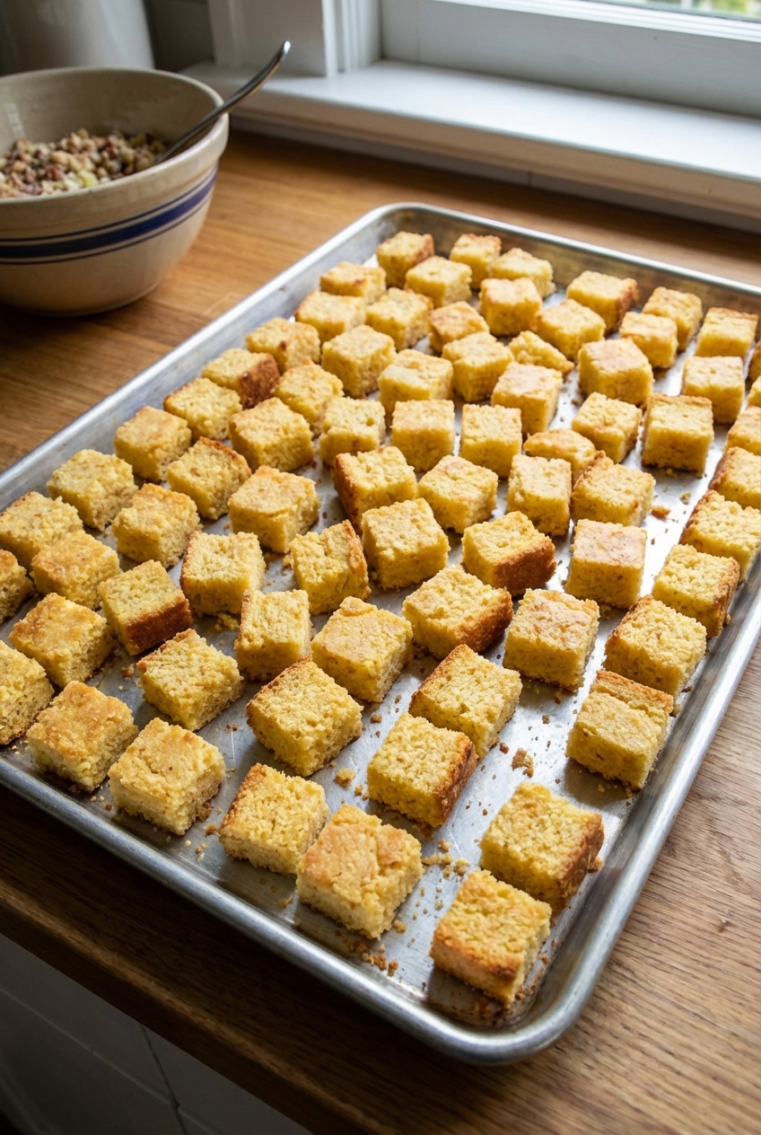 A close-up photo of cornbread cubes drying on a sheet pan, lightly toasted and golden, ready for stuffing