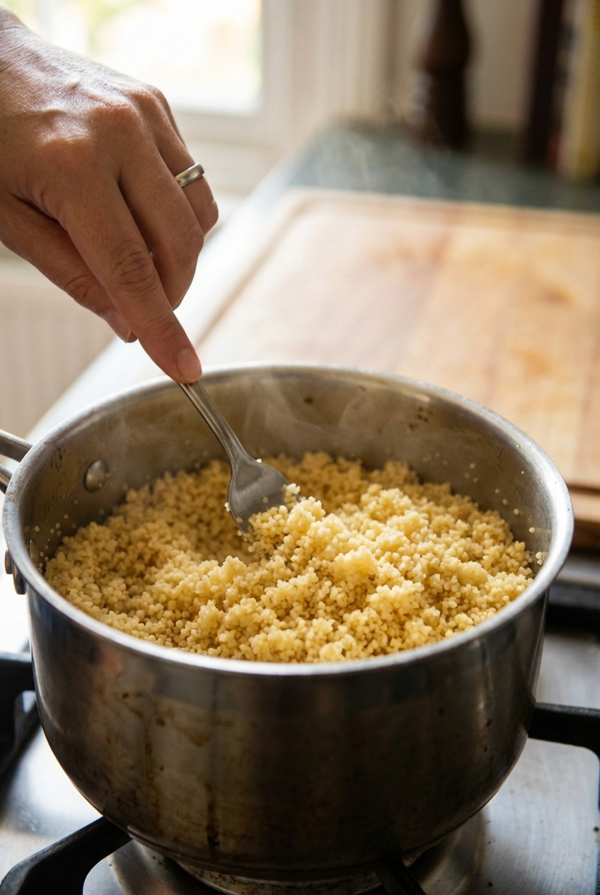 A close-up photo of couscous being fluffed with a fork in a saucepan