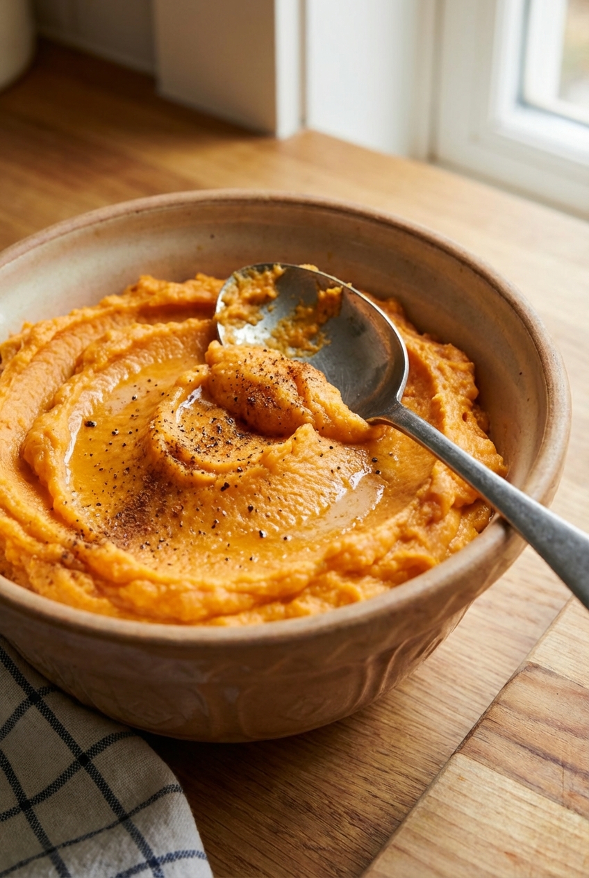 A close-up photo of creamy mashed sweet potatoes in a mixing bowl with a spoon