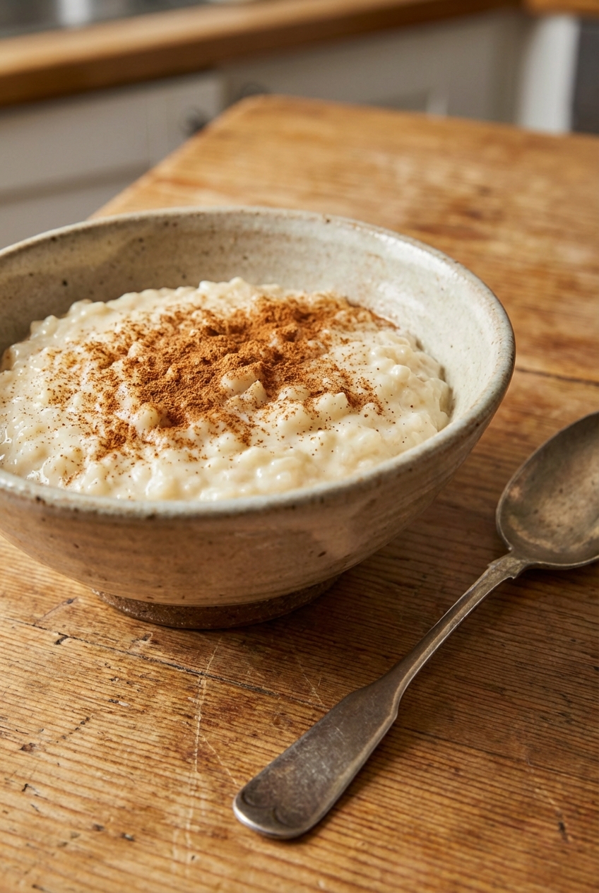 A close-up photo of creamy rice pudding in a ceramic bowl topped with cinnamon, with a spoon resting beside it on a wooden table