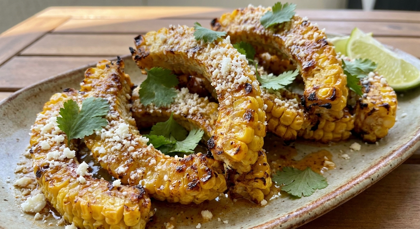 A close-up photo of crispy air-fryer corn ribs curled at the edges on a platter, coated in chili-lime butter and topped with crumbled cotija and fresh cilantro