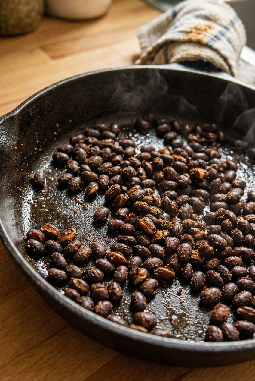 A close-up photo of crispy black beans with toasted spices and browned edges in a cast iron skillet