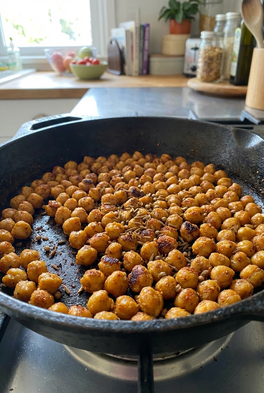 A close-up photo of crispy chickpeas in a pan with toasted spices