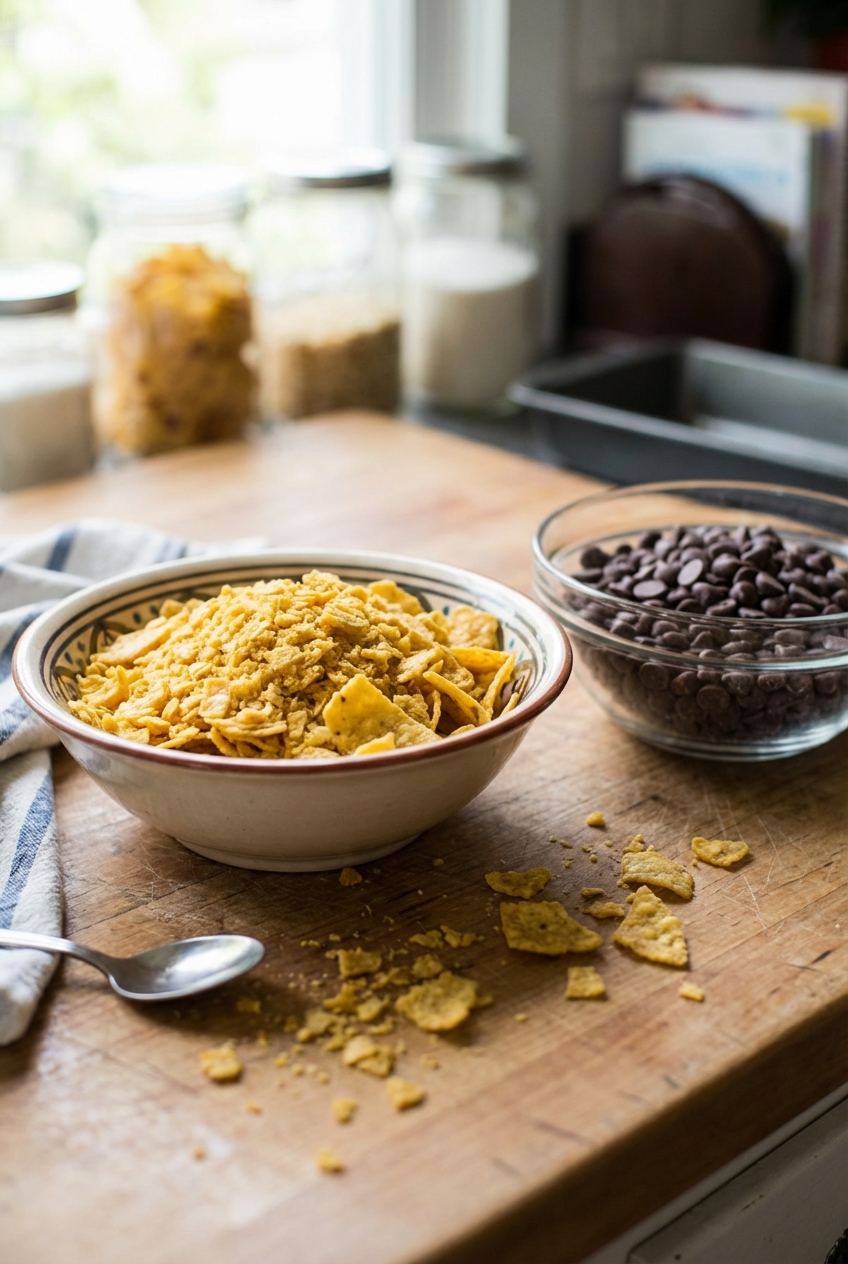 A close-up photo of crushed corn chips and chocolate chips in separate bowls on a kitchen counter