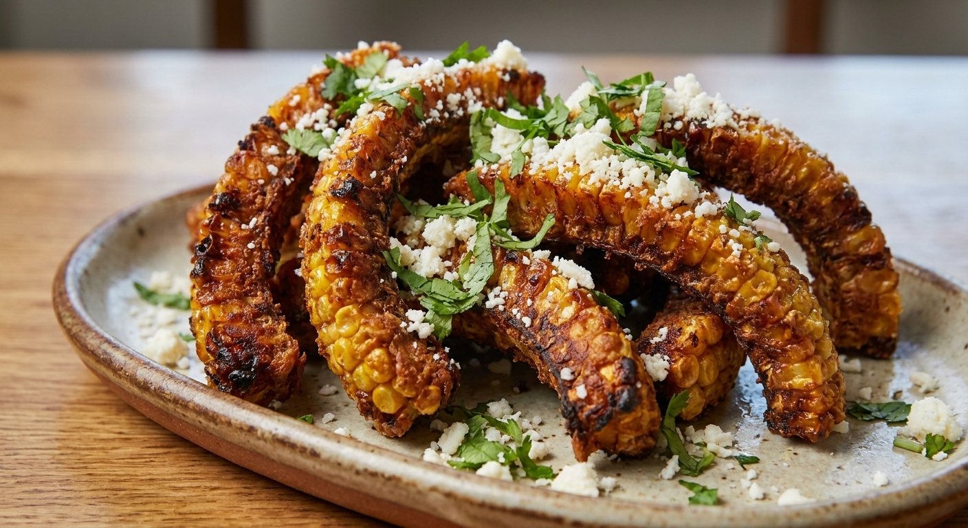 A close-up photo of curled crispy corn ribs topped with crumbled cotija and chopped cilantro on a serving plate