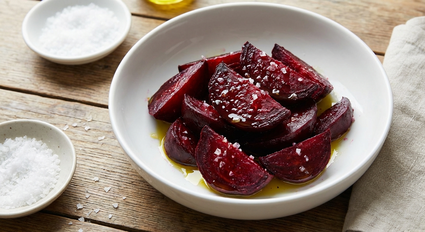 A close-up photo of deep red roasted beet wedges glistening with olive oil and flaky salt in a white serving bowl