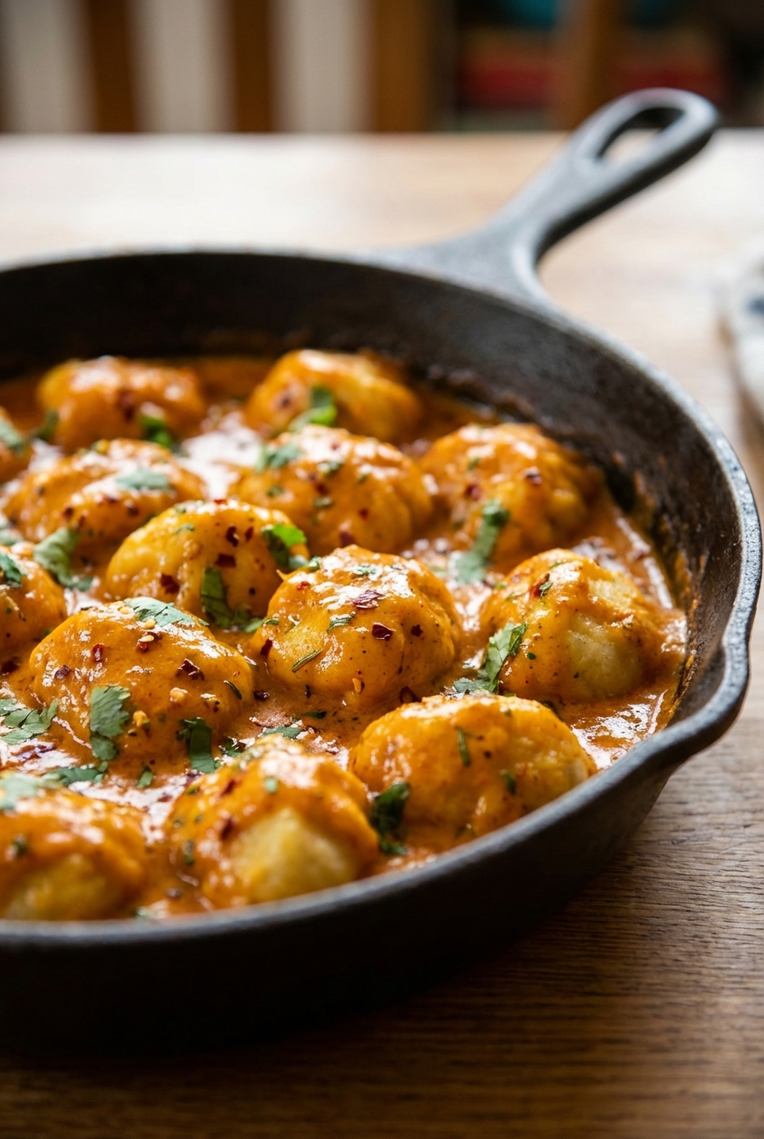 A close-up photo of dumplings coated in a creamy orange-red spiced sauce in a skillet