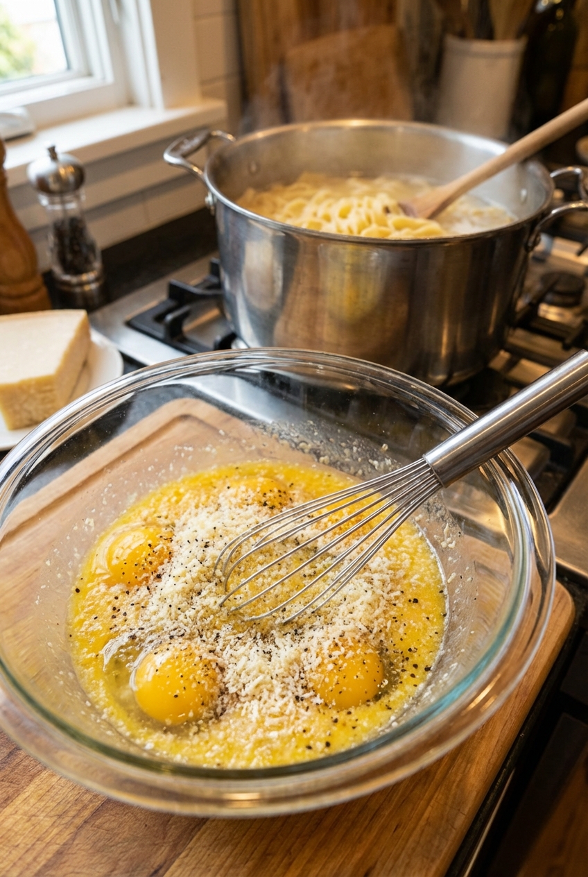 A close-up photo of eggs whisked with grated Parmesan and black pepper in a mixing bowl next to a pot of pasta