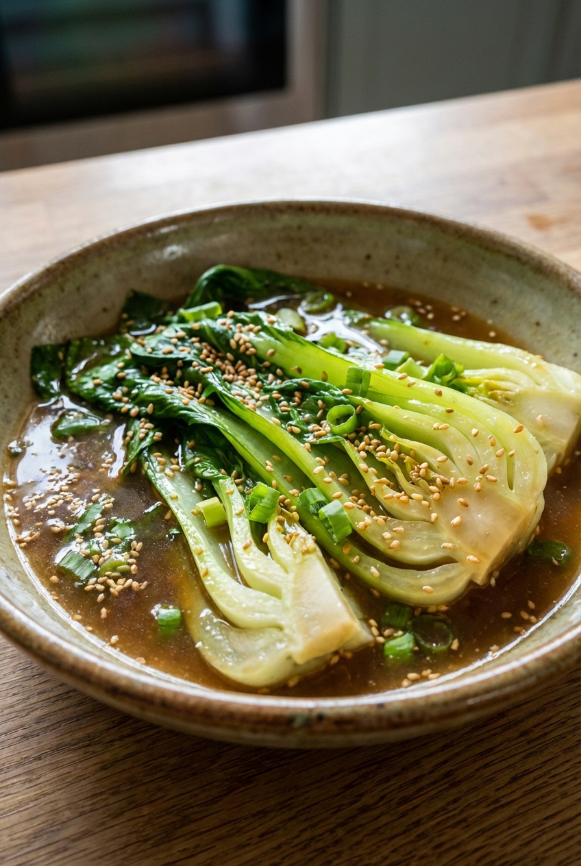 A close-up photo of finished bok choy in a glossy broth topped with sesame seeds and scallions in a ceramic bowl