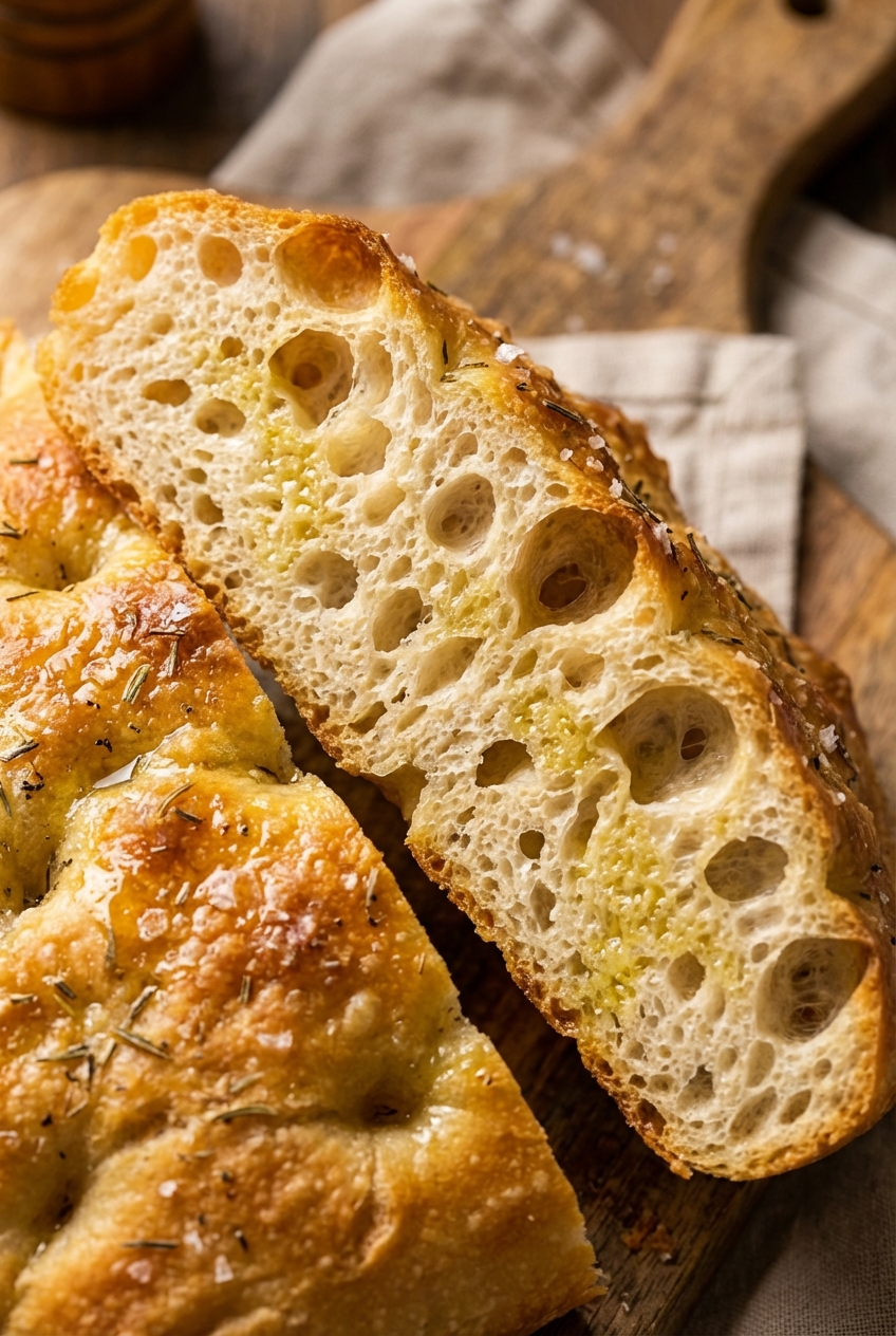 A close-up photo of focaccia crumb with airy holes and a glossy olive oil sheen