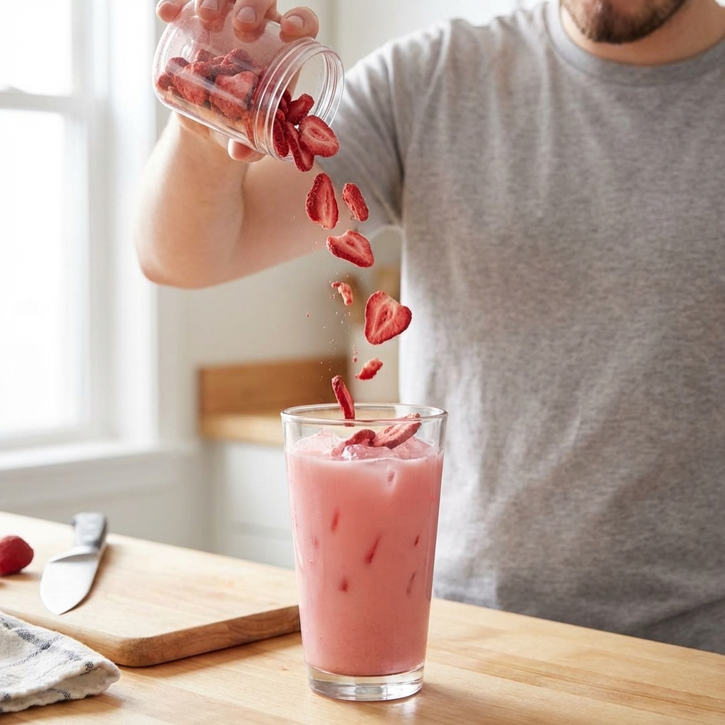 A close-up photo of freeze-dried strawberry slices being sprinkled into a glass of pink coconut drink with ice, captured mid-pour on a bright kitchen counter